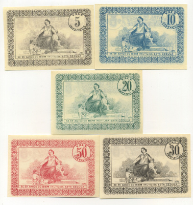 Португалия набор из 5 банкнот, 5, 10, 20, 30, 50 сентаво 1920 госпиталь Сан-Хосе, частный выпуск   бумага  UNC (пресс) 7555-10-1-2