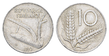 Италия 10 лир 1973 R, плуг, колосья KM 93 алюминий 4704-544