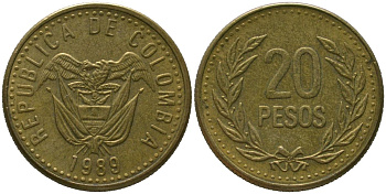 Колумбия 20 песо 1989 KM 282 алюминиевая бронза 4528-854