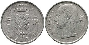БЕЛЬГИЯ 5 ФРАНКОВ 1950 BELGIE KM 135.1 медно-никель 24-1244