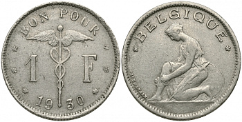 БЕЛЬГИЯ 1 ФРАНК 1930 BELGIQUE KM 89 никель 51-2112