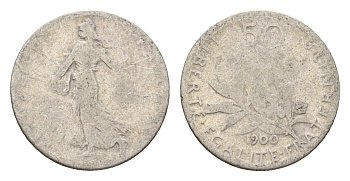 Франция 50 сантимов 1900 KM 854 серебро 54-641