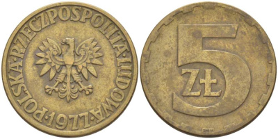 Польша 5 злотых 1977 монетный двор Ленинград (ЛМД) KM 81.1, Parchimowicz 221c латунь 4514-534