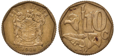 ЮАР 10 центов 1996 KM 161 сталь плакированная латунью 4164-514