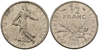 Франция 1/2 франка 1965 сеятель KM 931, Le Franc 198.3 никель 4601-725