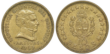 Уругвай 10 песо 1965 KM 48 алюминиевая бронза 4572-1141