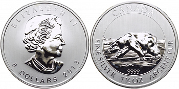 КАНАДА 8 ДОЛЛАРОВ 2013 БЕЛЫЙ МЕДВЕДЬ, ВЕС 1,5 УНЦИИ KM NEW серебро UNC 04-093-15