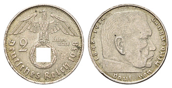 Германия 2 рейхсмарки 1938 B, Пауль фон Гинденбург (1847-1934) KM 93, J. 366 серебро 76-1136