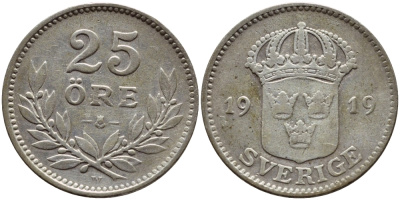 Швеция 25 эре 1919 W, Густав V (1907-1950) KM 785 серебро 4564-522