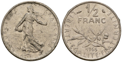 Франция 1/2 франка 1965 сеятель KM 931, Le Franc 198.3 никель 4601-725