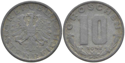 АВСТРИЯ 10 ГРОШЕЙ 1948 KM 2874 цинк 4401-1112