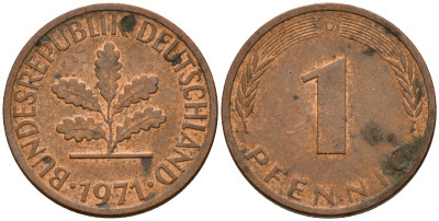 ФРГ 1 пфенниг 1971 D KM 105, J. 380 сталь плакированная медью    4598-451