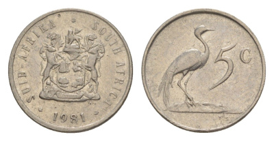 ЮАР 5 центов 1981 герб, райский журавль KM 84 никель 4598-113