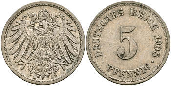 Германия 5 пфеннигов 1908 A KM 11, Jager 12, Weege 6 медно-никель 4364-4537