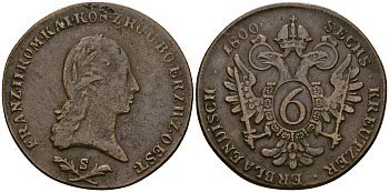 Австрия 6 крейцеров 1800 S, Франц II (Франц Иосиф Карл) (1792-1806) KM 2128, Herinek 1031 медь 4557-215
