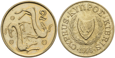 Кипр 2 цента 1998 KM 54.3 никель латунь 4596-122