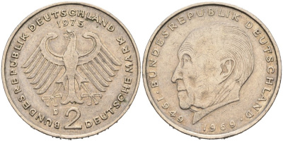 ФРГ 2 МАРКИ 1975 D, КОНРАД АДЕНАУЭР KM 124, J. 406 медно-никель плакированный никелем 4511-211