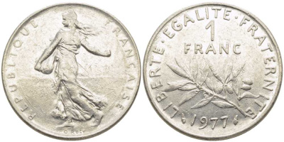 ФРАНЦИЯ 1 ФРАНК 1977 СЕЯТЕЛЬ KM 925.1, LE FRANC 226.22 никель 175-544