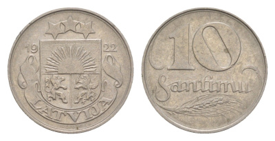 Латвия 10 сантимов 1922 год-тип KM 4 никель 4658-1235