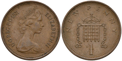 Великобритания 1 пенни 1971 Елизавета II (1952-2022) KM 915, Spink 4237 (B1) бронза 4152-413