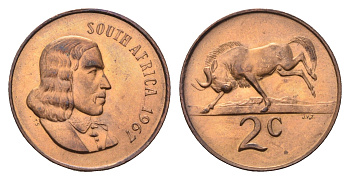 ЮАР 2 цента 1967 Ян ван Рибек (1619-1677), South Africa, легенда на английском, антилопа KM 66.1 бронза UNC 4622-853