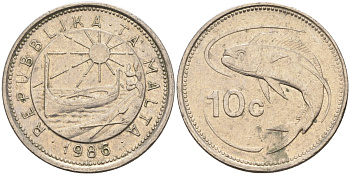 Мальта 10 центов 1986 золотая макрель KM 76 медно-никель 4588-159