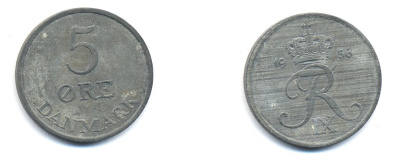 ДАНИЯ 5 ЭРЕ 1956 C; S, ФРЕДЕРИК IX (1947-1972) KM 843.2 цинк 23-224