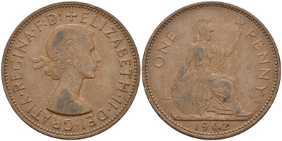 Великобритания 1 пенни 1962 Елизавета II (1952-2022) KM 897, Spink 4157 бронза 4574-214