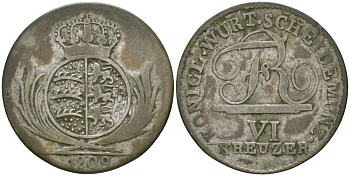 Вюртемберг 6 крейцеров 1809 Фридрих I (1806-1816) KM 495 серебро 99-826