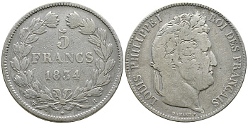 Франция 5 франков 1834 B, Луи Филипп I (1830-1848) KM 749.2 серебро 4386-113