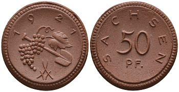 Саксония 50 пфеннигов 1921 виноград и лопата J. N 54 фарфор UNC 1094-8-55