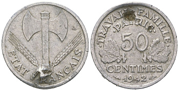 Франция 50 сантимов 1942 KM 914 алюминий 99-644