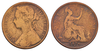 Великобритания 1 пенни 1876 Н, Виктория (1837-1901) KM 755, Spink 3955 бронза 4590-514