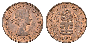 Новая Зеландия 1/2 пенни 1963 Елизавета II (1952-2022), божество Хей-Тики KM 23.2 бронза UNC 4671-517