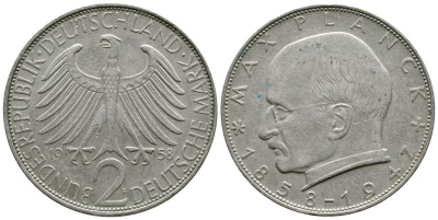ФРГ 2 марки 1958 F, Макс Планк KM 116, J. 392 медно-никель плакированный никелем 4364-1926