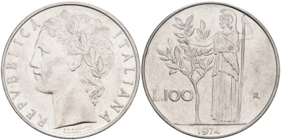 Италия 100 лир 1974 R, Афина в доспехах KM 96.1 нержавеющая сталь 88-113