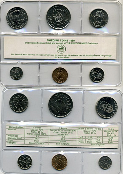 Швеция набор из 6 монет 1980 официальный набор монетного двора в пластике, Карл XVI Густав (1973- ) KM MS14 UNC 2-4-1-05