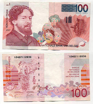 БЕЛЬГИЯ 100 ФРАНКОВ 1995-2001 ХУДОЖНИК ДЖЕЙМС ЭНСОР Pick 147 бумага 6293-20-1