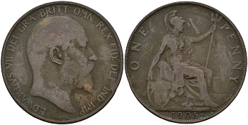 Великобритания 1 пенни 1905 Эдуард VII (1901-1910) KM 794.2, Spink 3990 бронза 4149-316