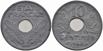 ФРАНЦИЯ 10 САНТИМОВ 1942 ДИАМЕТР 21,3 ММ., ПРАВИТЕЛЬСТВО ВИШИ KM 898.2, LE FRANC 141.3 цинк 4401-656