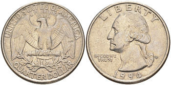 США 25 центов (квотер) 1994 P, Вашингтон KM A164a медь плакированная медно-никелем 4114-935