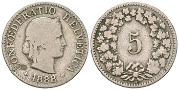 Швейцария 5 раппенов 1888 B KM 26 медно-никель 4158-531