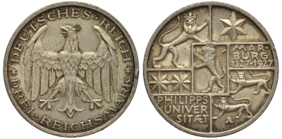 Германия 3 марки 1927 A, 400 лет Университету Марбурга J. 330, KM 53 серебро 413-3323