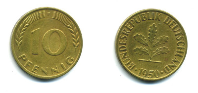 ФРГ 10 ПФЕННИГОВ 1950 F KM 108, J.383 сталь плакированная латунью 23-633
