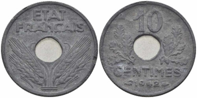 ФРАНЦИЯ 10 САНТИМОВ 1942 ДИАМЕТР 21,3 ММ., ПРАВИТЕЛЬСТВО ВИШИ KM 898.2, LE FRANC 141.3 цинк 4401-656