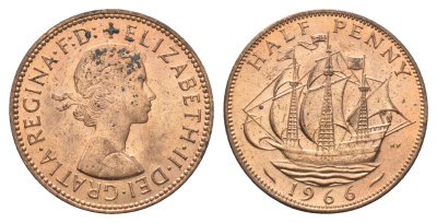 Великобритания 1/2 пенни 1966 Елизавета II (1952-2022) KM 896, Spink 4158 бронза aUNC 4662-1254