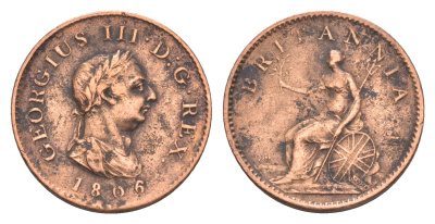 Великобритания 1 фартинг 1806 Георг III (1760-1820) KM 661, Spink 3782 медь 3711-825