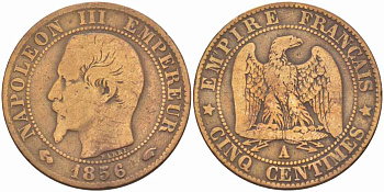 ФРАНЦИЯ 5 САНТИМОВ 1856 A, НАПОЛЕОН III (1852-1870) KM 777.1, LE FRANC 116.30 бронза 108-441