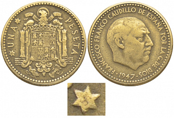 ИСПАНИЯ 1 ПЕСЕТА 1947 (51) ФРАНСИСКО ФРАНКО ДИКТАТОР ИСПАНИИ (1939-1975) KM 775 алюминиевая бронза 3856-111