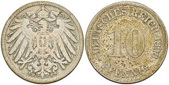 ГЕРМАНИЯ 10 ПФЕННИГОВ 1896 F KM 12, J. 13, Weege 8 медно-никель 261-1311